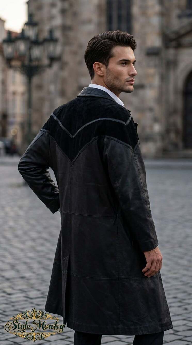 Learsi Vintage Black Leather Trench Coat with Suede Chevron Yoke Size M